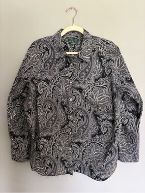Lauren Ralph Lauren Non Iron Shirt Women’s Size 2X Black White Paisley Button-Up